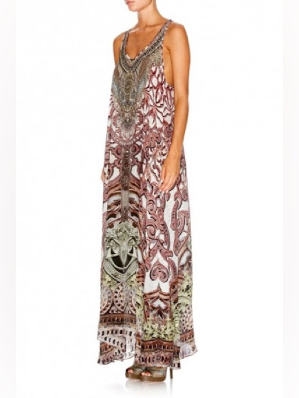 Camilla 100% Silk Maxi Dress Size 3/Medium Sequins Sleeveless V Neck Racer Back